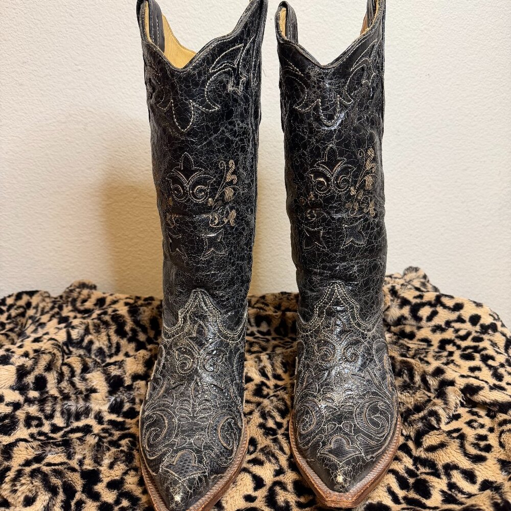 COWBOY BOOTS BLACK LTHR W/LIZARD INLAY 8.5 CORRAL POINTED WESTERN countrycore - Picture 6 of 15
